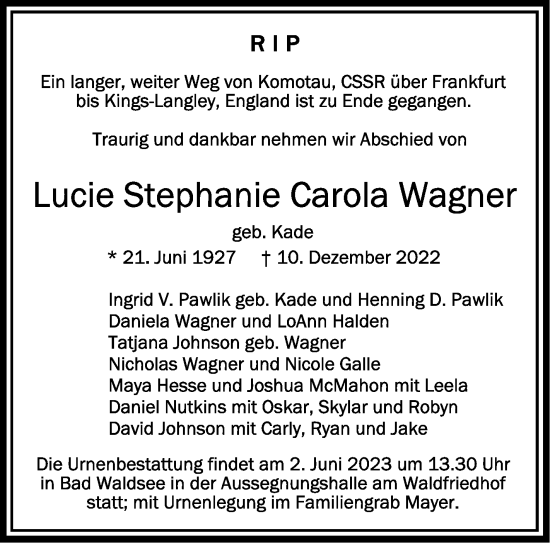 Traueranzeigen Von Lucie Stephanie Carola Wagner Schwaebische De