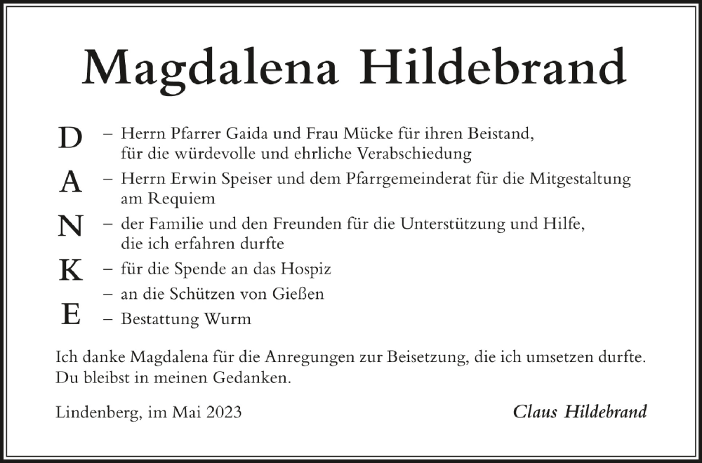 Traueranzeigen Von Magdalena Hildebrand Schwaebische De Trauerportal