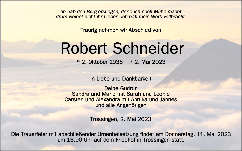 Traueranzeigen Von Robert Schneider Schwaebische De Trauerportal