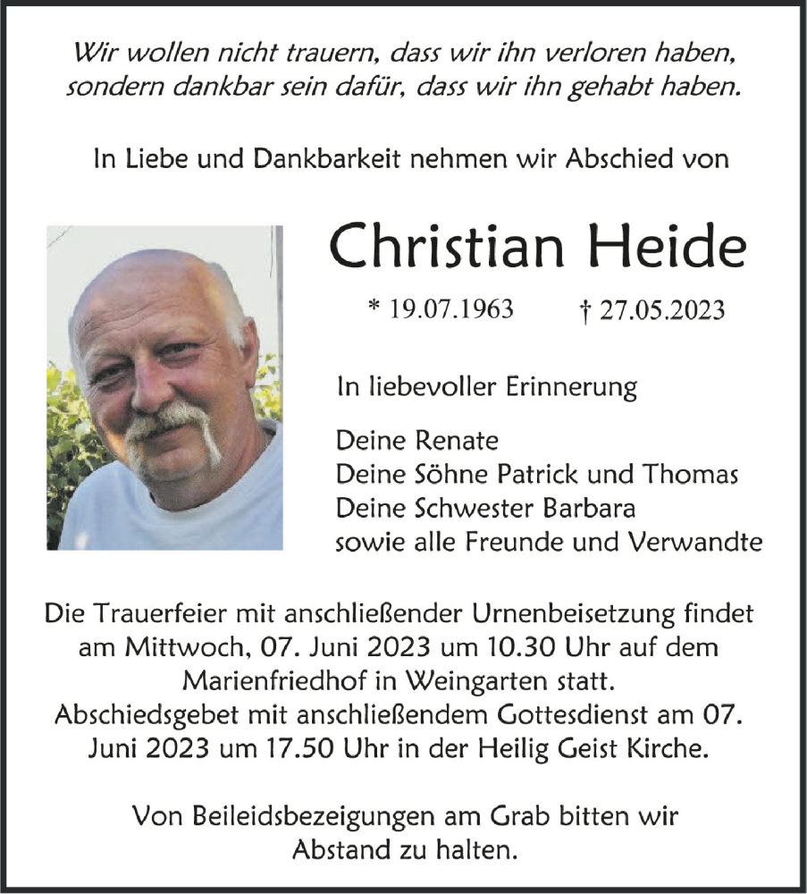 Traueranzeigen Von Christian Heide Schwaebische De Trauerportal