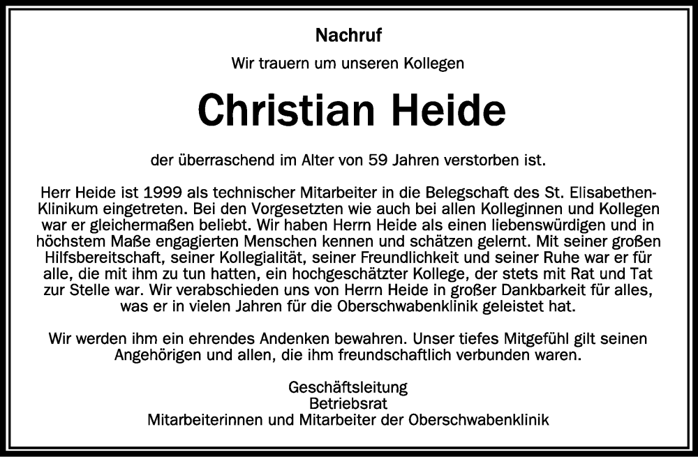 Traueranzeigen Von Christian Heide Schwaebische De Trauerportal