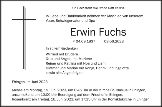 Traueranzeigen Von Erwin Fuchs Schwaebische De Trauerportal