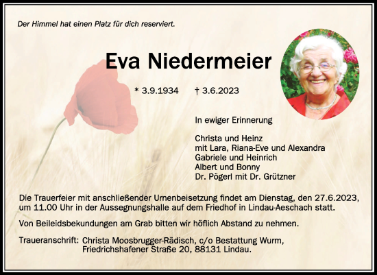 Traueranzeigen Von Eva Niedermeier Schwaebische De Trauerportal