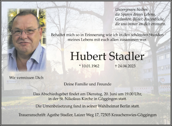 Traueranzeigen Von Hubert Stadler Schwaebische De Trauerportal