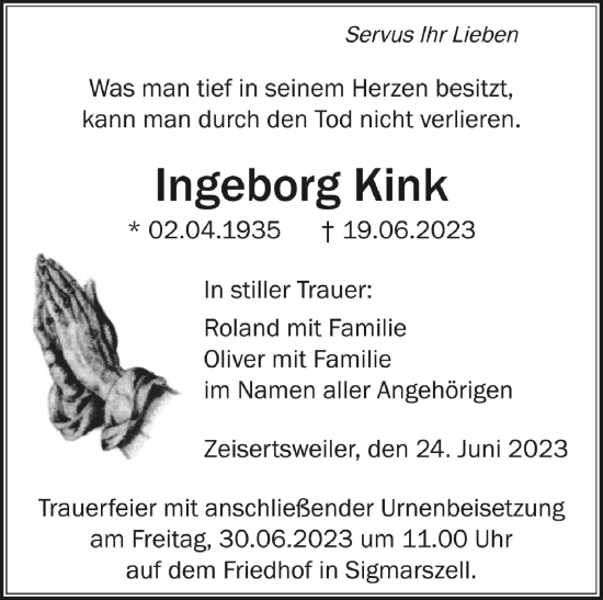 Traueranzeigen Von Ingeborg Kink Schwaebische De Trauerportal