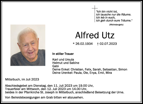 Traueranzeigen Von Alfred Utz Schwaebische De Trauerportal