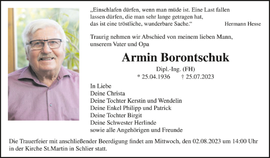 Traueranzeigen Von Armin Borontschuk Schwaebische De Trauerportal