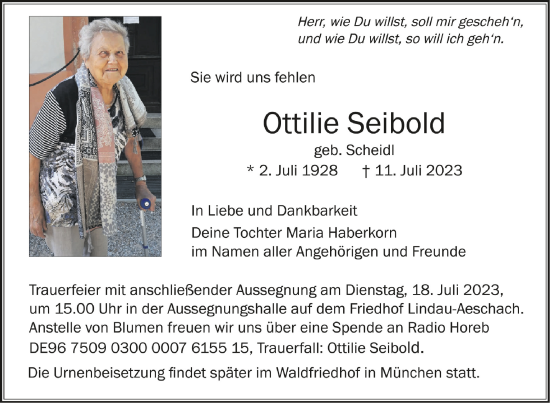 Traueranzeigen Von Ottilie Seibold Schwaebische De Trauerportal