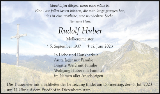 Traueranzeigen Von Rudolf Huber Schwaebische De Trauerportal