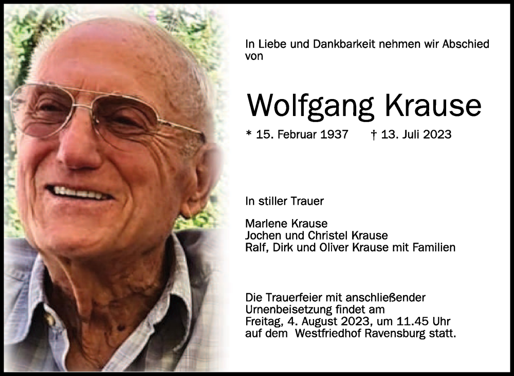 Traueranzeigen Von Wolfgang Krause Schwaebische De Trauerportal