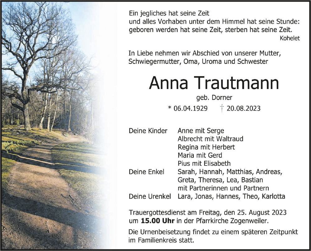 Traueranzeigen Von Anna Trautmann Schwaebische De Trauerportal