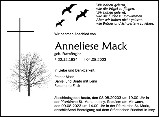 Traueranzeigen Von Anneliese Mack Schwaebische De Trauerportal