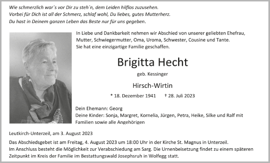 Traueranzeigen Von Brigitta Hecht Schwaebische De Trauerportal