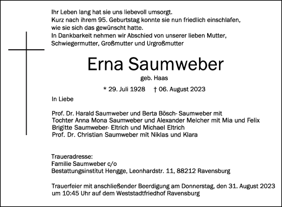 Traueranzeigen Von Erna Saumweber Schwaebische De Trauerportal