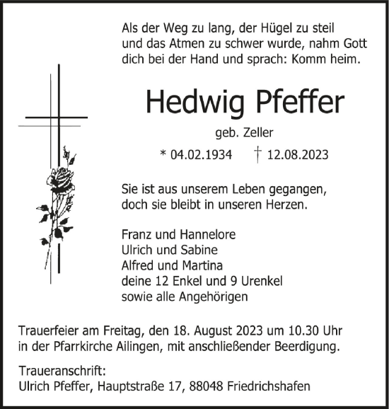 Traueranzeigen Von Hedwig Pfeffer Schwaebische De Trauerportal