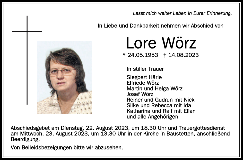 Traueranzeigen von Lore Wörz schwaebische de Trauerportal