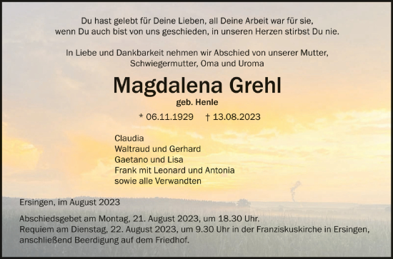 Traueranzeigen Von Magdalena Grehl Schwaebische De Trauerportal