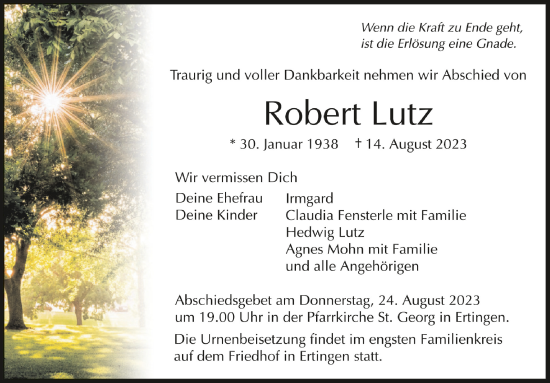 Traueranzeigen Von Robert Lutz Schwaebische De Trauerportal