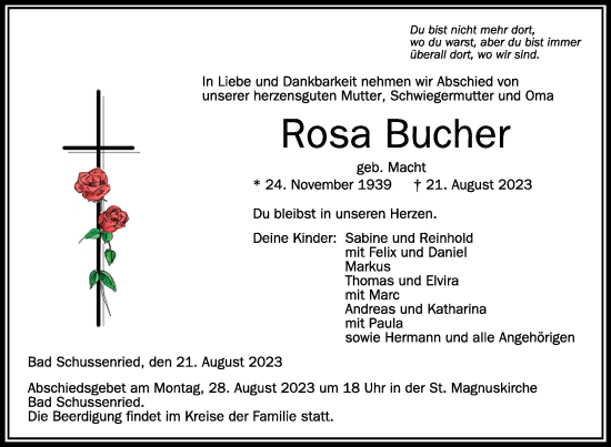 Traueranzeigen Von Rosa Bucher Schwaebische De Trauerportal