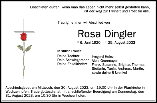 Traueranzeigen Von Rosa Dingler Schwaebische De Trauerportal