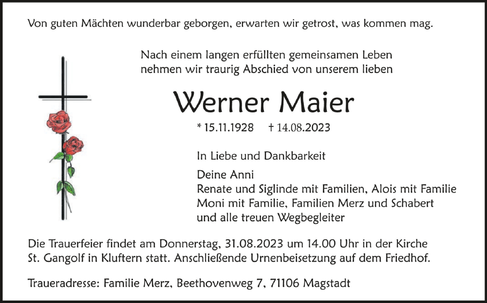 Traueranzeigen Von Werner Maier Schwaebische De Trauerportal