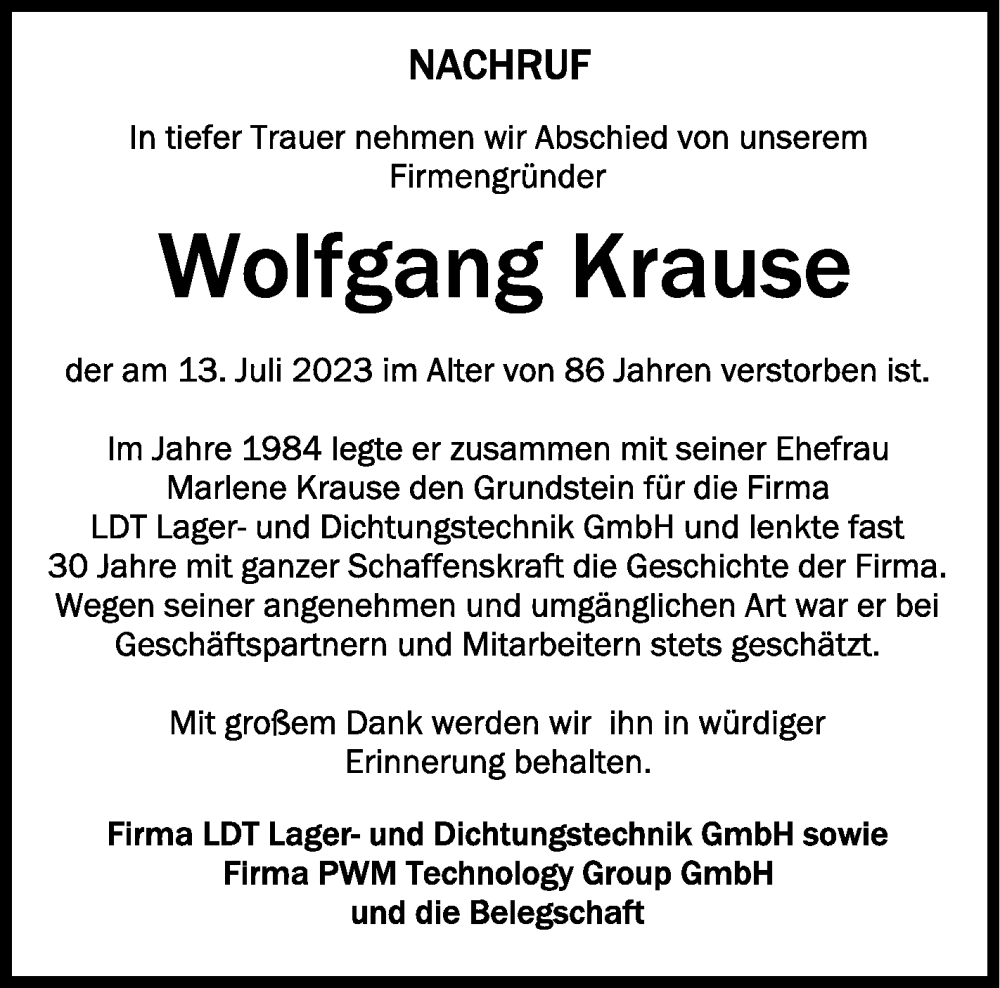 Traueranzeigen Von Wolfgang Krause Schwaebische De Trauerportal