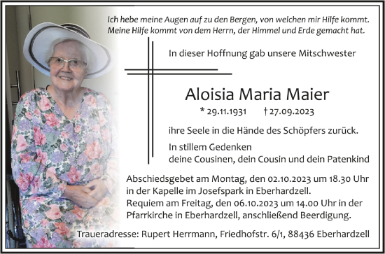 Traueranzeigen Von Aloisia Maria Maier Schwaebische De Trauerportal