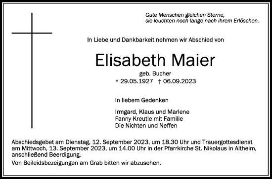 Traueranzeigen Von Elisabeth Maier Schwaebische De Trauerportal