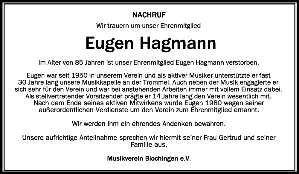 Traueranzeigen Von Eugen Hagmann Schwaebische De Trauerportal