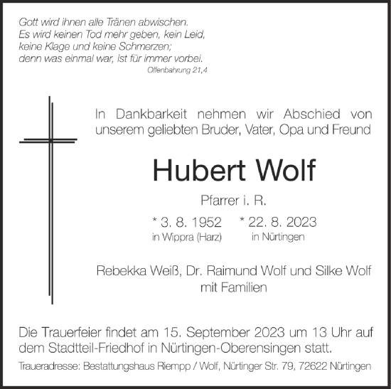 Traueranzeigen Von Hubert Wolf Schwaebische De Trauerportal