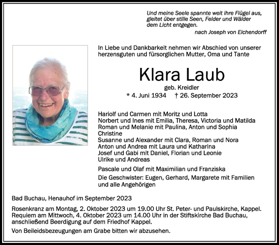 Traueranzeigen Von Klara Laub Schwaebische De Trauerportal