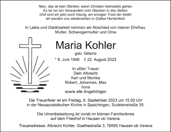 Traueranzeigen Von Maria Kohler Schwaebische De Trauerportal