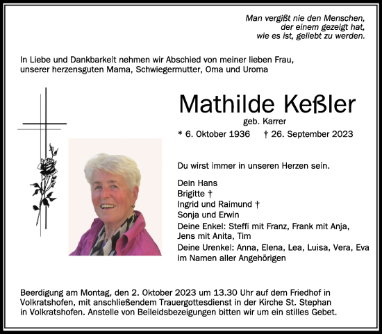 Traueranzeigen Von Mathilde Ke Ler Schwaebische De Trauerportal