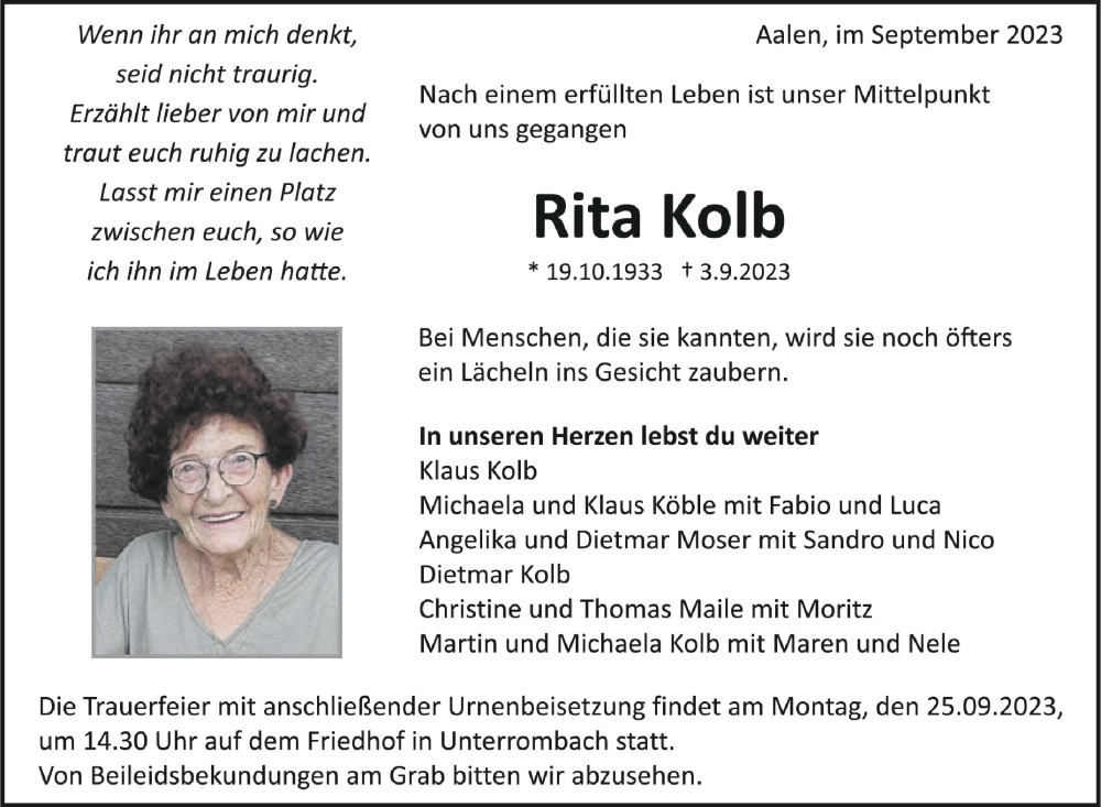 Traueranzeigen Von Rita Kolb Schwaebische De Trauerportal