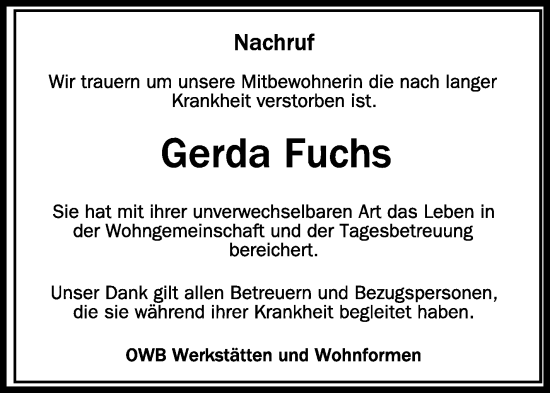 Traueranzeigen Von Gerda Fuchs Schwaebische De Trauerportal