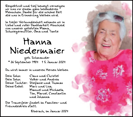 Traueranzeigen Von Hanna Niedermaier Schwaebische De Trauerportal