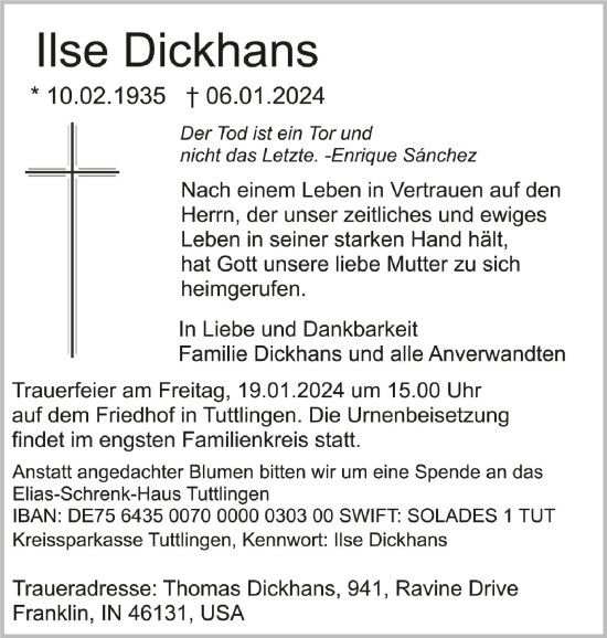 Traueranzeigen Von Ilse Dickhans Schwaebische De Trauerportal