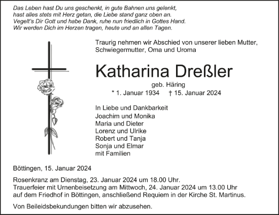 Traueranzeigen von Katharina Dreßler schwaebische de Trauerportal