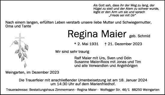 Traueranzeigen Von Regina Maier Schwaebische De Trauerportal