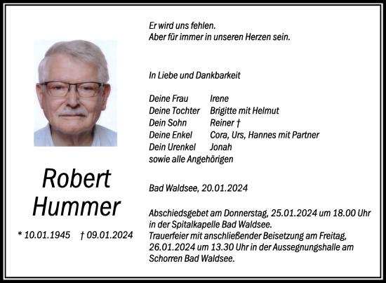 Traueranzeigen Von Robert Hummer Schwaebische De Trauerportal