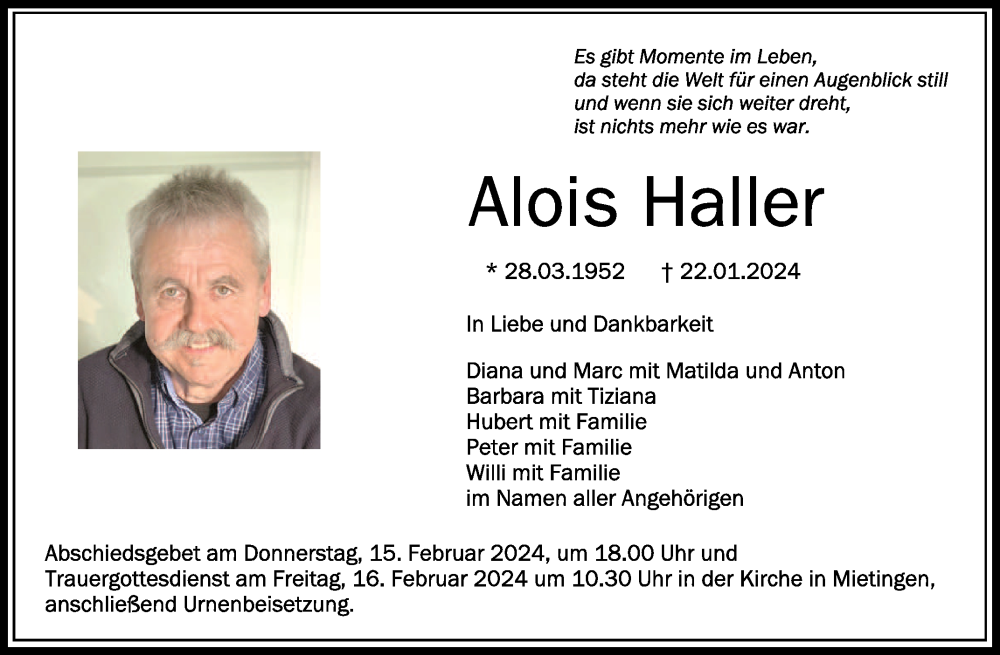 Traueranzeigen Von Alois Haller Schwaebische De Trauerportal