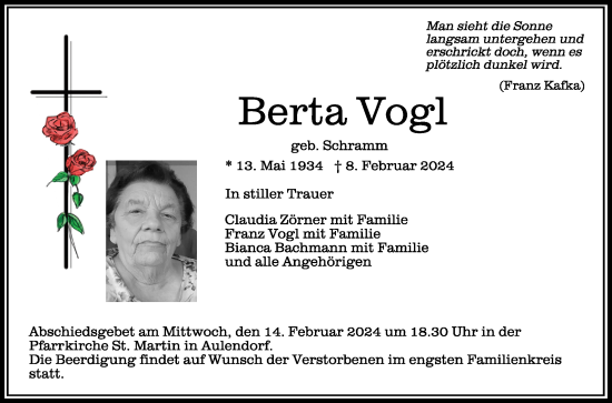 Traueranzeigen Von Berta Vogl Schwaebische De Trauerportal