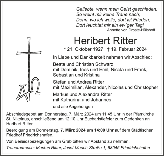 Traueranzeigen Von Heribert Ritter Schwaebische De Trauerportal