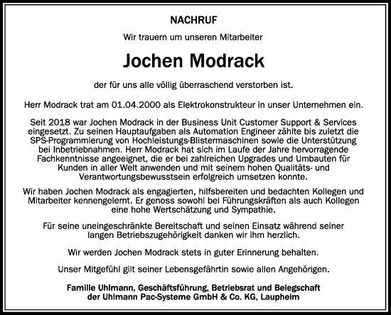 Traueranzeigen Von Jochen Modrack Schwaebische De Trauerportal