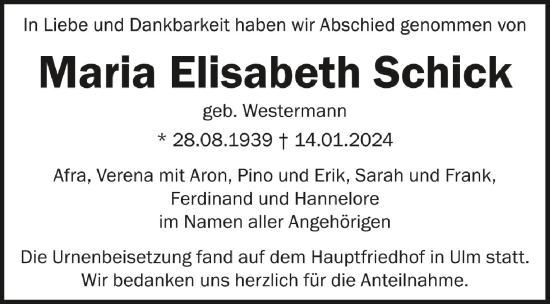 Traueranzeigen Von Maria Elisabeth Schick Schwaebische De Trauerportal