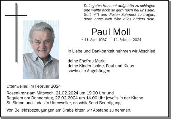 Traueranzeigen Von Paul Moll Schwaebische De Trauerportal