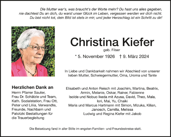 Traueranzeigen Von Christina Kiefer Schwaebische De Trauerportal