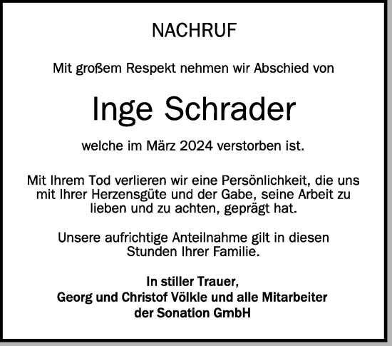 Traueranzeigen Von Inge Schrader Schwaebische De Trauerportal