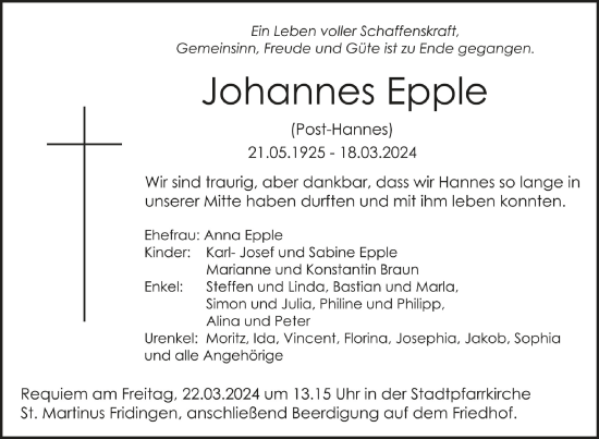 Traueranzeigen Von Johannes Epple Schwaebische De Trauerportal