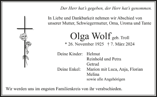 Traueranzeigen Von Olga Wolf Schwaebische De Trauerportal